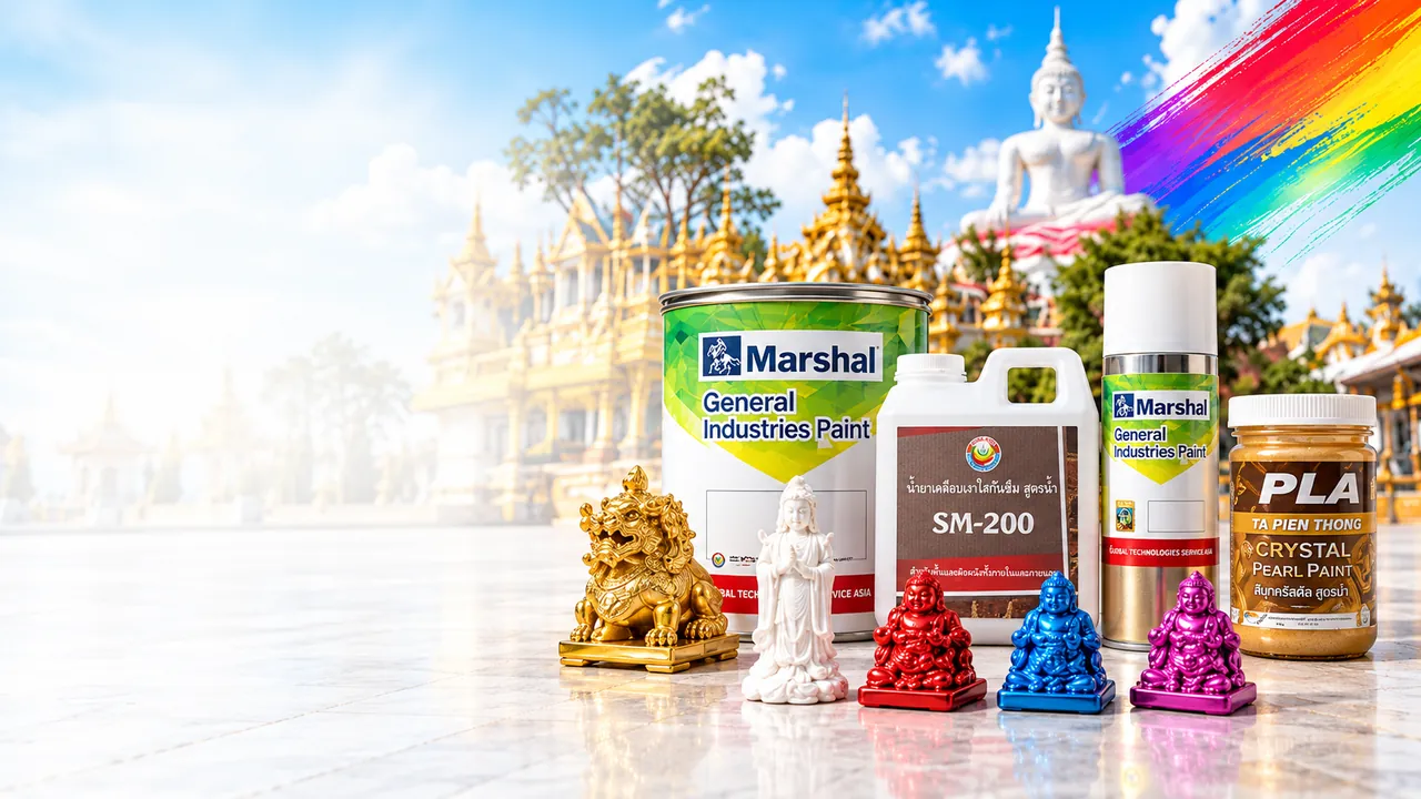 สีอุตสาหกรรม สีมุกคริสตัล น้ำยาเคลือบเงา และรูปปั้นพ่นสี หน้าวัดไทย